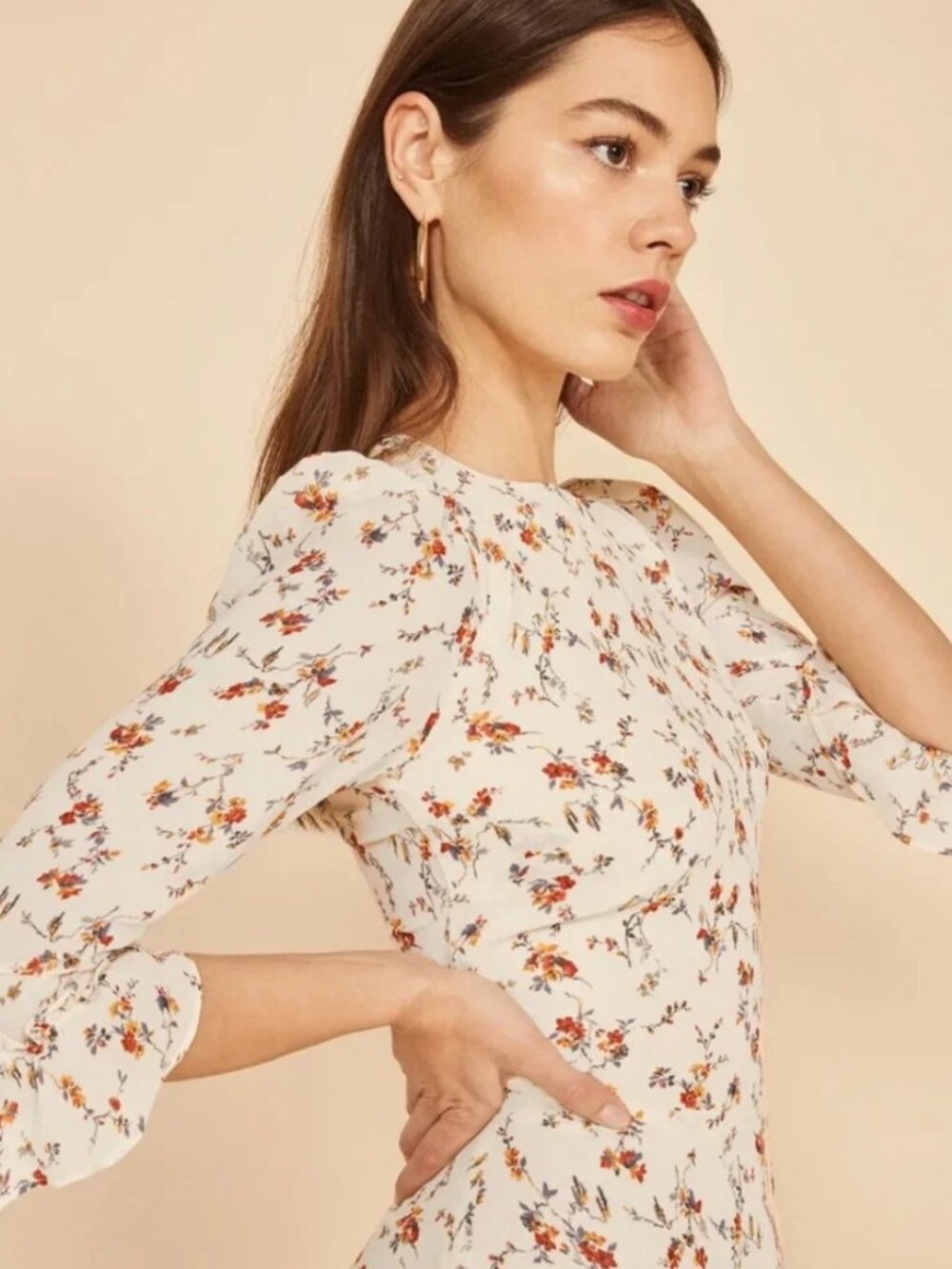 Reformation Floral Long Sleeve Dress - Cream and Red